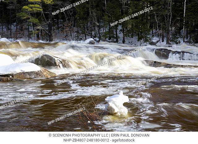 Lower Falls of the Swift River in the White Mountains, New Hampshire USA after heavy rains during the winter months. These falls are located along the...