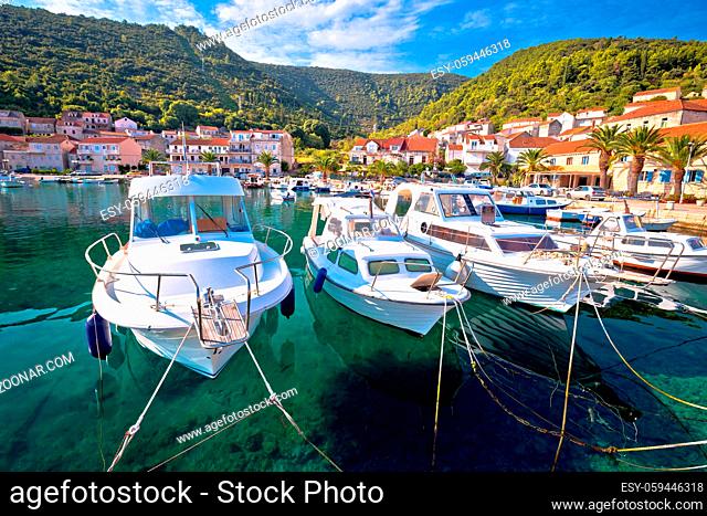 Korcula Idyllic coastal village of Racisce on Korcula island waterfront view, southern Dalmatia region of Croatia