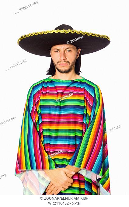 Handsome man in vivid poncho isolated on white