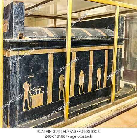 Egypt, Cairo, Egyptian Museum, from the tomb of Yuya and Thuya in Luxor : Outer coffin of Yuya, canopy on sledge, wood. With figures of Thot, Anubis, Hapy