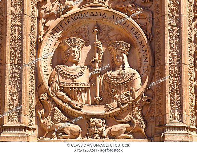 Salamanca, Salamanca Province, Spain  Medallion of the Catholic Monarchs, Ferdinand and Isabella, on the 16th century Plateresque entrance to the Escuelas...