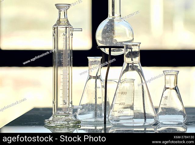 Glass flasks in a scientific laboratory. Basque Country, Spain, Europe