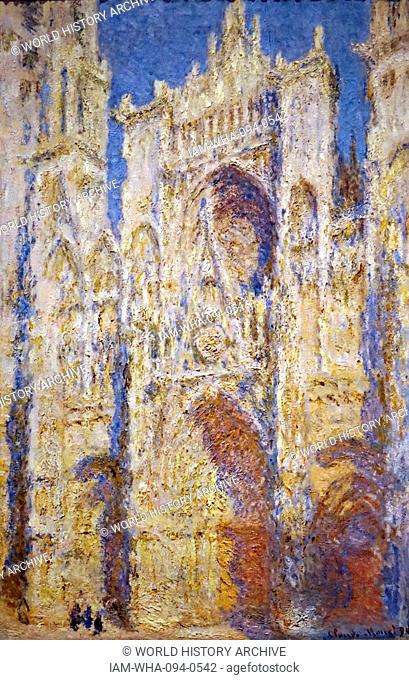 Painting titled 'Rouen Cathedral, West Facade, Sunlight' by Claude Monet (1840-1926) a French Impressionist painter. Dated 19th Century