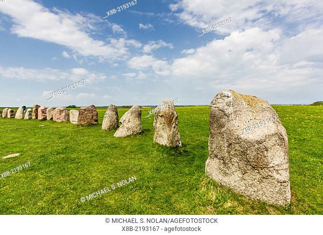 The standing stones in a shape of a ship known as Ales Stenar, or Ale’s Stones, Baltic Sea, southern Sweden