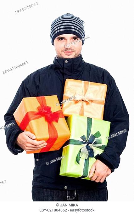Winter man with presents