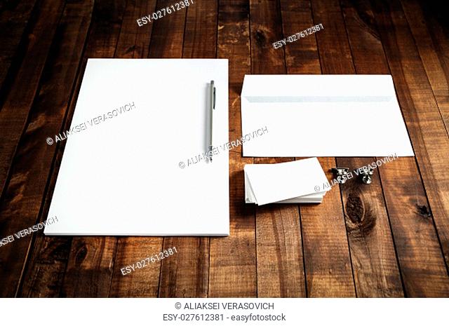 Blank stationery set on wooden table background. ID template. Mock up for branding identity for design presentations and portfolios
