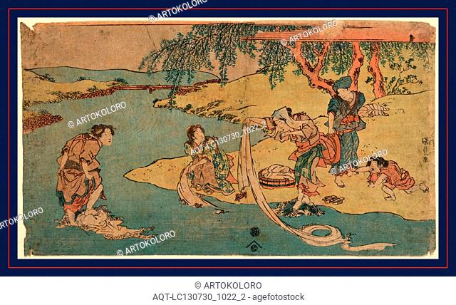 Kawa de no sentaku, Washing clothes in the river., Utagawa, Toyokuni, 1786-1865, artist, [between 1818 and 1830], 1 print : woodcut, color ; 21.2 x 37