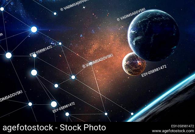 Planets, glowing stars and asteroids. Deep space image, science fiction fantasy in high resolution ideal for wallpaper and print