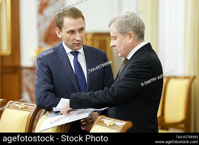 RUSSIA, MOSCOW - DECEMBER 15, 2023: Russia's Minister for Natural Resources and Environment Alexander Kozlov (L) and Russia's Transport Minister Vitaly Savelyev...