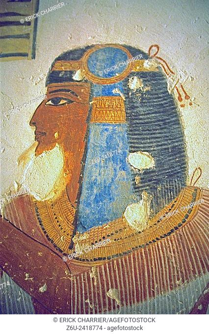 Thebes, West bank, Kings Valley, tomb of Montou-Her-Kopechef (KV19). Right wall, the prince in front of Banebdjedet. The prince makes a libation of water with...
