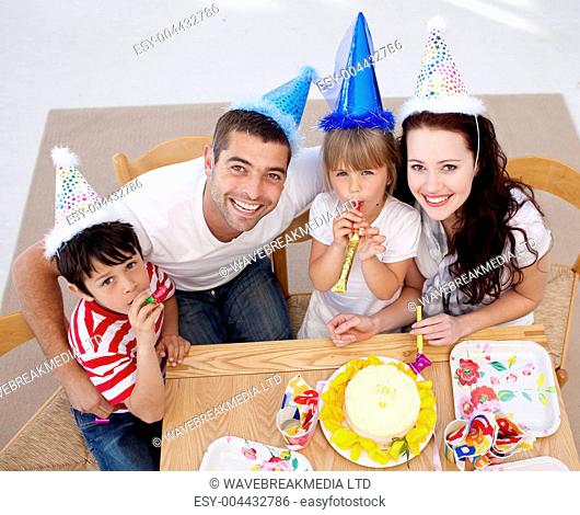 High angle of happy family celebrating a birthday