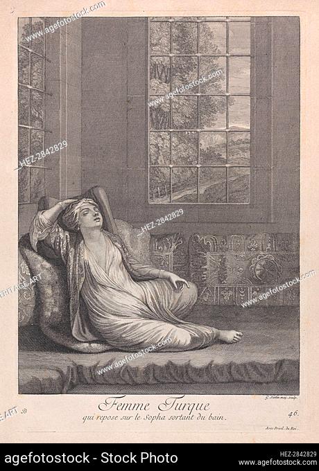 Femme Turque, qui repose sur le Sopha sortant du bain, 1714-15. Creator: Unknown