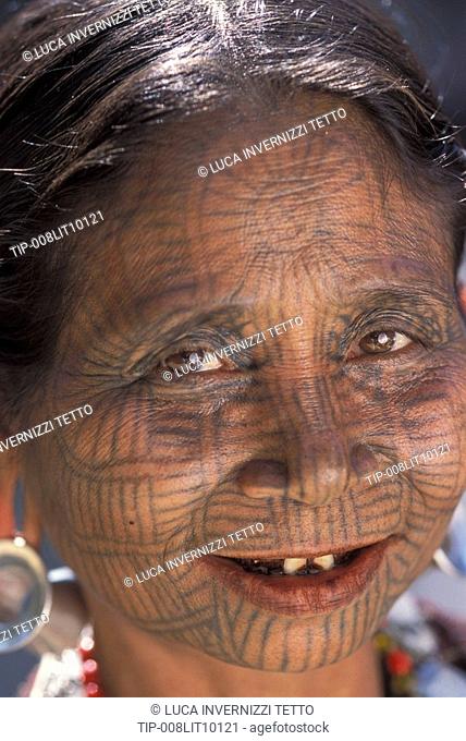 Burma, Arakan, Chin woman with spiderweb tattoo