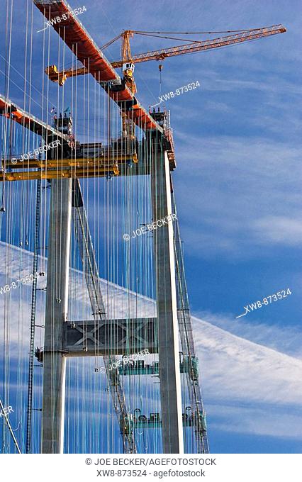 Construction crane atop the west tower of the new Tacoma Narrows Bridge