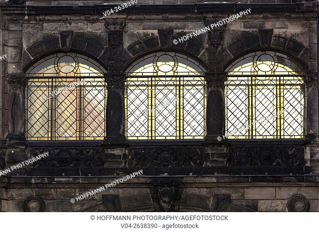 Close up of beautiful stained glass windows in Dresden, Saxony, Germany, Europe