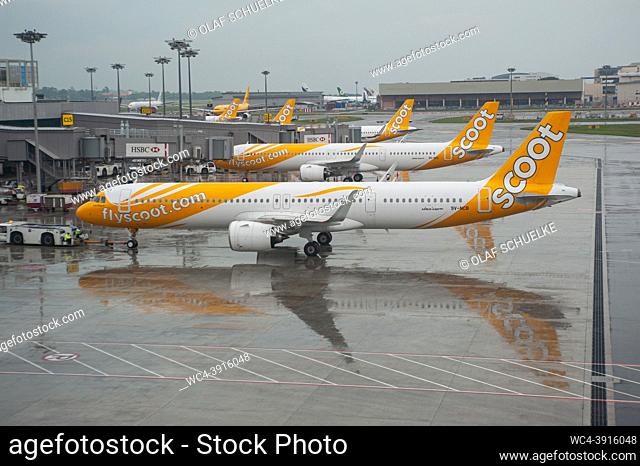 Singapore, Republic of Singapore, Asia - A Scoot Airlines Airbus A321neo passenger jet with the registration 9V-NCB during pushback at Changi International...