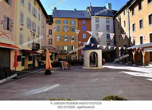 Square in Briancon, historic town in the mountains, highest town of Europe, Hautes-Alpes, French Alps, France