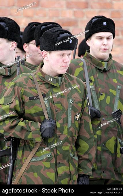 Recruits march under the command of an officer. Uusimaa Brigade in Ekenäs, Finland. The only completely Swedish-speaking regiment in Finland