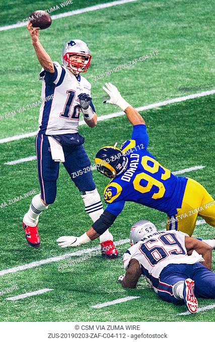 New England Patriots quarterback Tom Brady (12) during Super Bowl LIII between the Los Angeles Rams and the New England Patriots at Mercedes-Benz Stadium in...