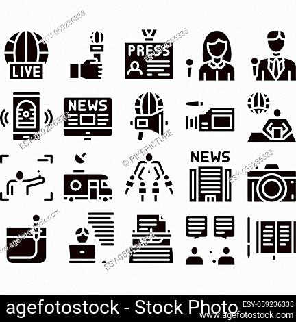 Journalist Reporter Glyph Set Vector Thin Line. Journalist And Hand With Microphone, Video And Photo Camera, Press And Live News Glyph Pictograms Black...
