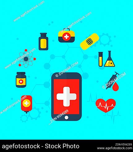 Illustration smart phone with medical icons for web design, modern flat style -