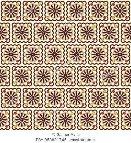 Tiled daisies (or wheels) pattern, mostly in tan and brown. Resembles a tilework mural. Graphic design