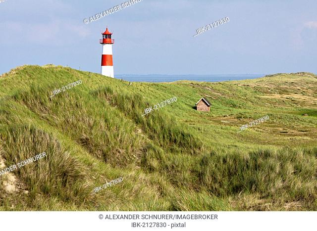 Lighthouse of List Ost on the Sylt peninsula of Ellenbogen, Sylt, North Frisia, Schleswig-Holstein, Germany, Europe, PublicGround