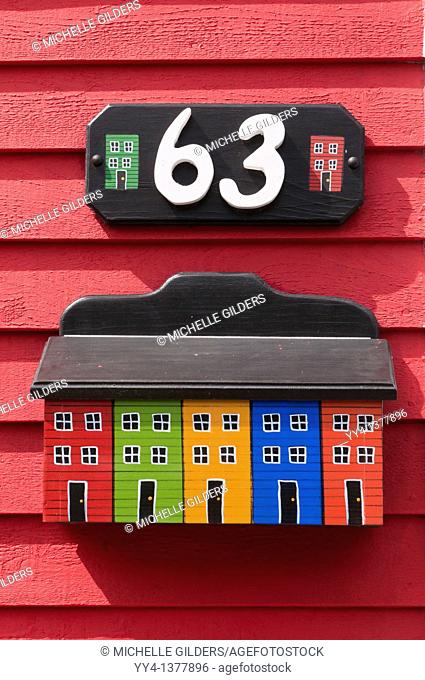 Mailbox, jelly-bean jelly bean row houses, Signal Hill Road, St  John's, Newfoundland, Canada
