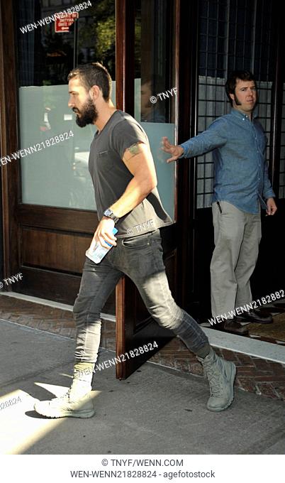 Shia LaBeouf leaving his hotel wearing a grey T-shirt, jeans and boots Featuring: Shia LaBeouf Where: Manhattan, New York