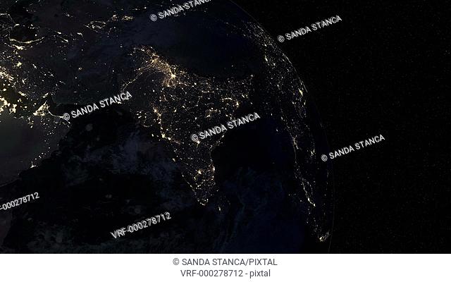 Asia at night. Extremely detailed image, including elements furnished by NASA. 3d animation with some light sources, reflections and post-processing