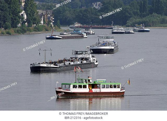 Ships on the river rhine near Koblenz, Rhineland-Palatinate, Germany