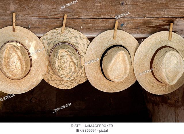 Straw hats for sale, farmer's market in Sineu, Majorca, Balearic Islands, Spain