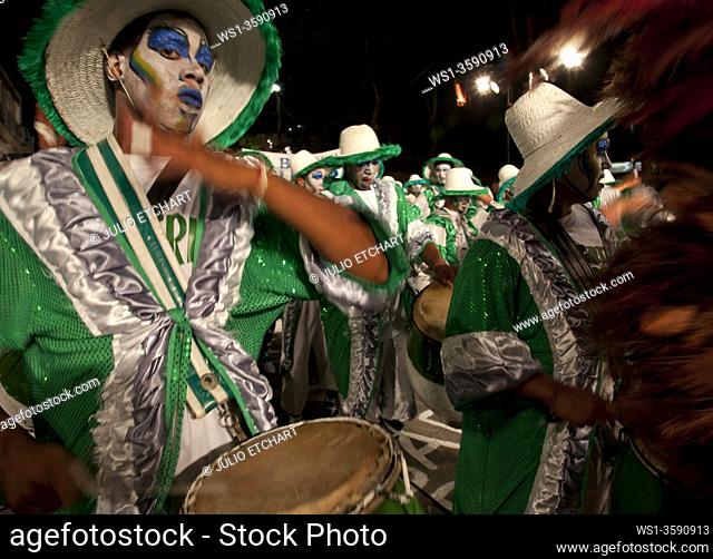 'Traditional 'Murgas' and samba schools during the Llamadas' (the calling) procession that officially starts the carnival in Montevideo, Uruguay