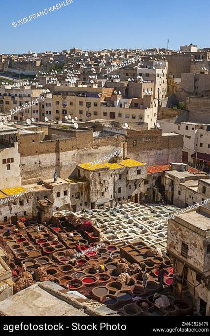 Overview of the Chouara Tannery in the Medina (old town) of the city of Fez (or Fes) in Morocco