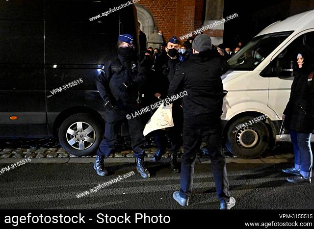 Illustration picture shows police and protestors at the 'Eglise des Dominicains - Dominicanenkerk' in Brussels, Monday 13 December 2021