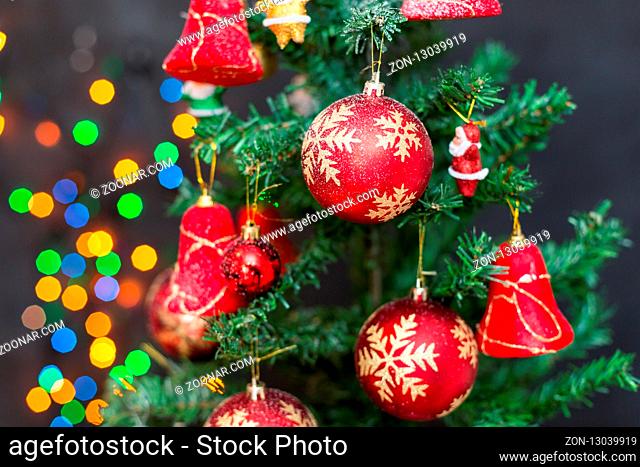 Christmas composition with Christmas balls and Christmas decoration with snow and star