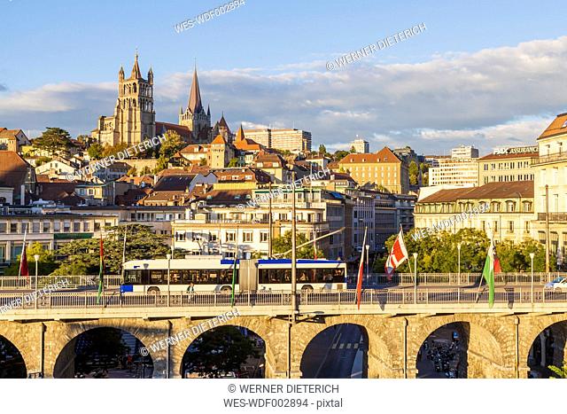Switzerland, Lausanne, cityscape with bridge Grand-Pont and cathedral Notre-Dame