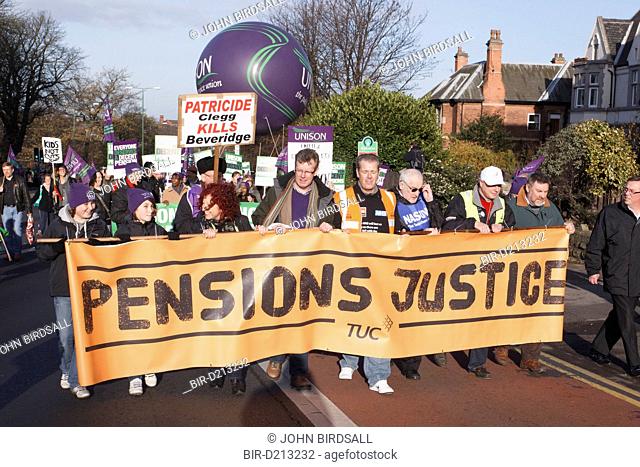 TUC members with banners at demonstration against pension cuts, Nottingham 30th November 2011