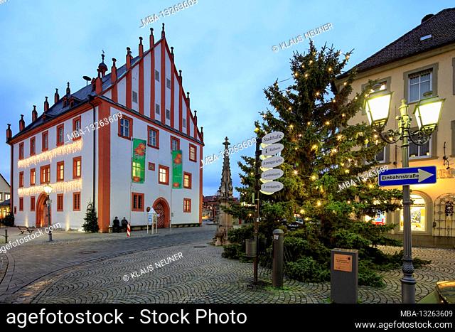 Old town hall, illuminated, Advent, house facade, Haßfurt, Franconia, Bavaria, Germany, Europe