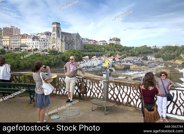 Binoculars on the bridge to the Rocher du Basta in Biarritz, France