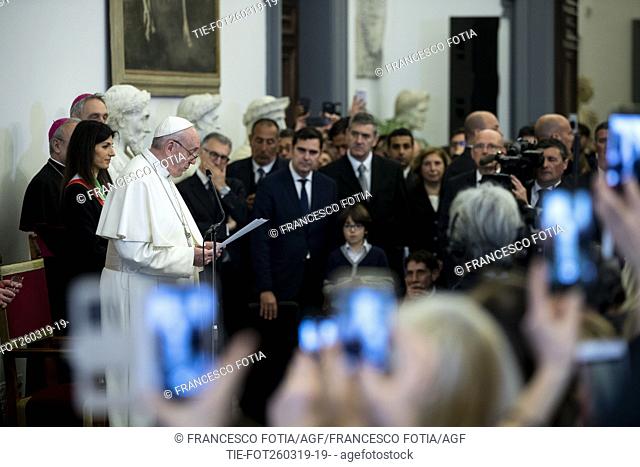 Mayor of Rome Virginia Raggi, Pope Francis during the visit in Campidoglio at Protomoteca Hall, Rome, ITALY-26-03-2019  Journalistic use only