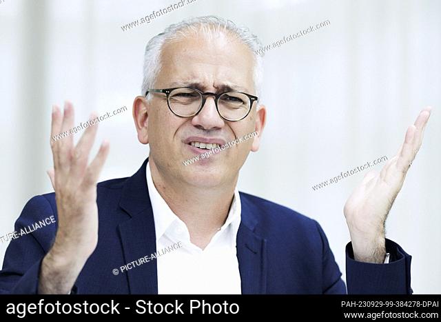 PRODUCTION - 29 September 2023, Berlin: Tarek Al-Wazir (Bündnis90/Die Grünen), Hesse's Minister of Economics and his party's top candidate for the Hessian state...