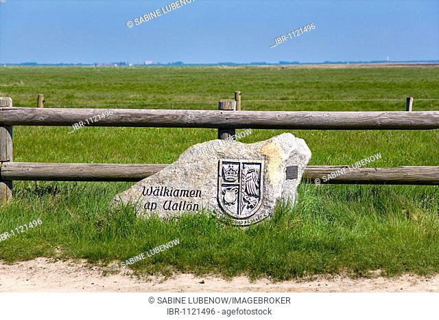 Welcome stone with frisian writing, Hallig Oland, North Frisia, Schleswig-Holstein, Germany, Europe