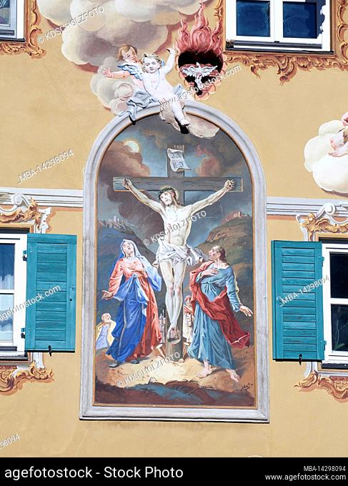 the crucifixion of Jesus, Lüftlmalerei in Mittenwald, Upper Bavaria
