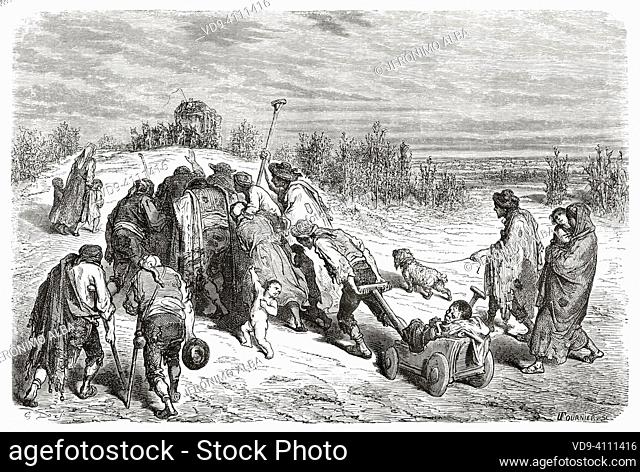A group of beggars travelling near Almuradiel, Castilla La Mancha. Spain. Europe. Travels in Spain by Gustave Dore and Jean Charles Davillier from Le Tour du...