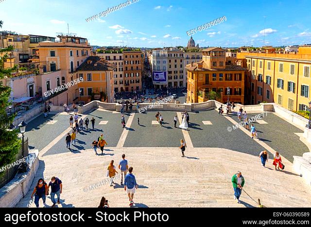 Rome, Italy - October 10, 2020: View of the from Spanish Steps on Spanish Square (Piazza di Spagna) with Fountain of the Boat in Piazza di Spagna