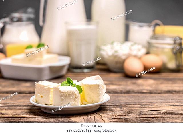 Pieces of fresh butter in white plate