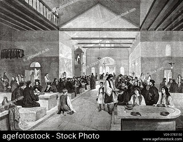 Meal time in a anciente Greek convent in XIX Century, Greece. Europe. Old 19th century engraved illustration, El Mundo Ilustrado 1881