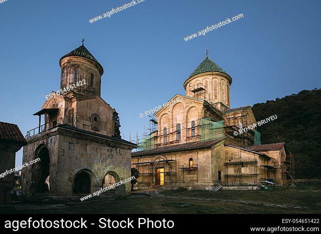 Kutaisi, Georgia. Church Of St. Nicholas And Cathedral Of Nativity Of Our Lady On Territory Of Gelati Monastery In Evening Time