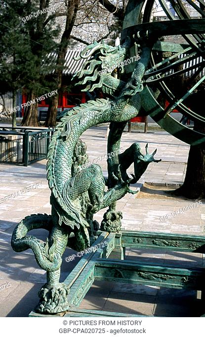 China: A dragon holding an armillary sphere in the courtyard at the Ancient Observatory (Gu Guanxiangtai), Beijing